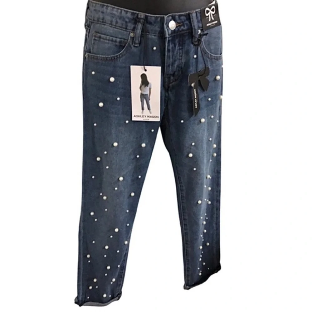 Ashley Mason pearl studded‎ embellished blue jeans size 00/23 brand new
